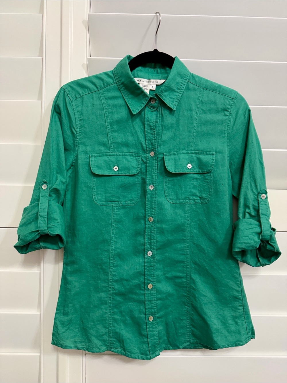 Max Studio Linen Cotton Blend Utility Button Up Shirt Green Roll Tab Small
